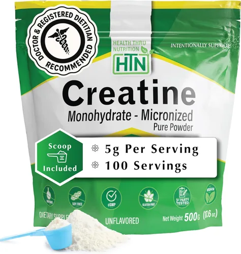 Health Thru Nutrition Monohidrato de creatina en polvo micronizado – 17.64 oz puro sin sabor – 0.18 oz por cucharada – Apoyo al entrenamiento,