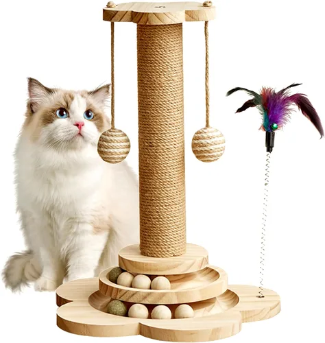 Poste rascador para gatos para gatitos, juguete rascador de madera 4 en 1, poste rascador de 17.7 pulgadas de alto con 2 bolas de pista para gatos,
