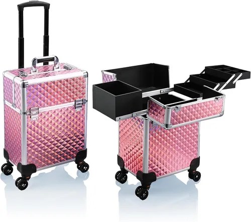 Stagiant Estuche de Maquillaje Rodante Tipo Tren de Almacenamiento Grande, Carro Cosmético con 4 Bandejas con Riel Deslizante, Capa Media Removible