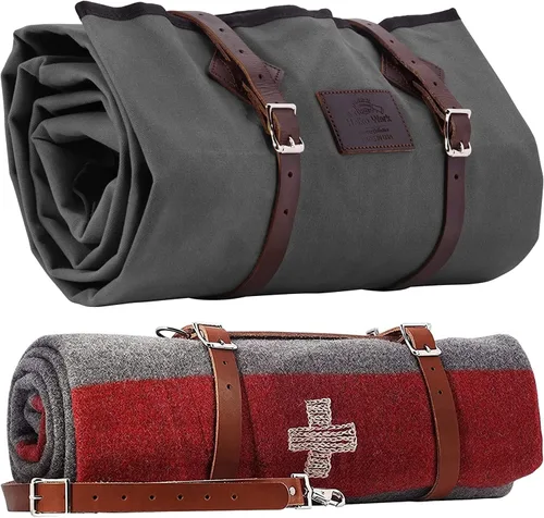 1844 Helko Werk Germany Paquete de rollo de cama de lona encerada y manta del ejército suizo, rollo de cama de campamento con correas de cuero y