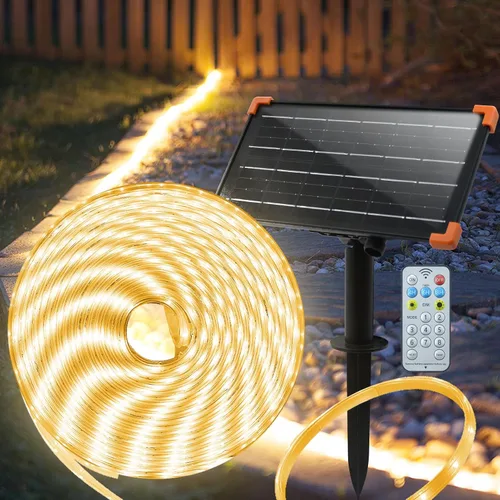 Tira de luces solares de 50 pies para exteriores, tira de luz LED impermeable, encendido/apagado automático, tira de luces recargables de 8 modos
