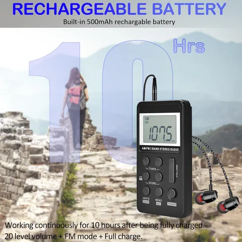 Miniatura 5 de Radio de bolsillo portátil AM/FM con pantalla LCD de sintonización digital, mini radio recargable SWDSTP con auriculares estéreo y clip de cinturón