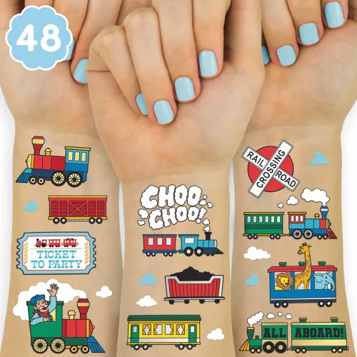 xo, Fetti Suministros de fiesta de tren tatuajes temporales para niños, 48 estilos, cumpleaños de trenes, recuerdos de fiesta Choo Choo,