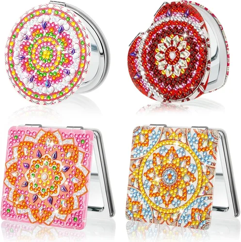 Miniatura 9 de Marsui 4 piezas de espejo compacto de pintura de diamante, bolsillo de pintura portátil, plegable, para mujeres, arte de diamante, regalos de mamá