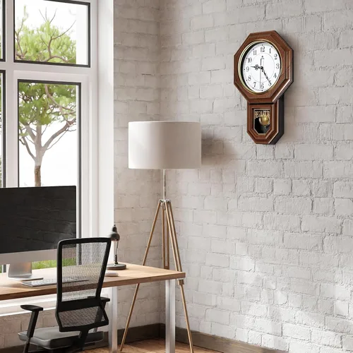 Miniatura 7 de Reloj de pared de péndulo que funciona con pilas, reloj regulador de plástico de imitación de madera con péndulo, relojes de pared decorativos