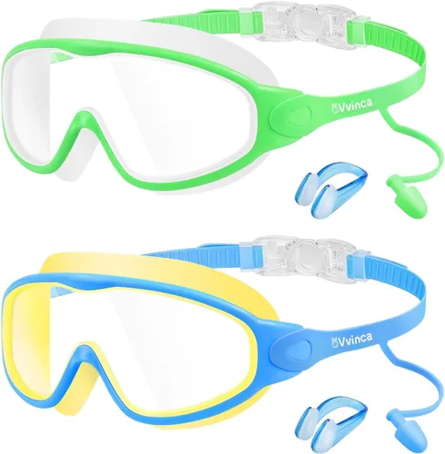 Miniatura 20 de Vvinca Gafas de natación para niños, con tapones para los oídos y clip para la nariz, visión amplia, antivaho y UV, para niños y niñas de 3 a 15 años