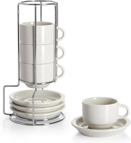Miniatura 19 de Sweese - Juego de 4 tazas de espresso apilables de porcelana de 4 onzas con platillos y soporte de metal, color turquesa