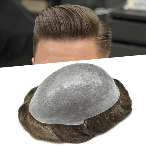 Miniatura 52 de Tupé de piel ultra fina para hombres pieza de cabello humano real sistema de reemplazo 0.002 in Mens Toupee Hairpiece para hombres V-Loop 8x10 80%