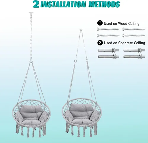 Miniatura 6 de KROFEM Silla Hamaca Colgante Balanceante de Macramé con Cojín Mediano, Perfecta para Dormitorio, Porche, Adultos, Balcón, Gris Gris ordinario