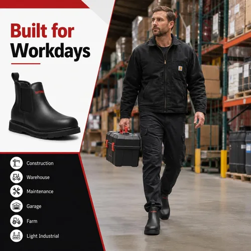 Miniatura 7 de Botas de trabajo sin cordones para hombre, botas de trabajo Chelsea de punta suave de 6 pulgadas, ASTM F2892 EH, suela de goma antideslizante
