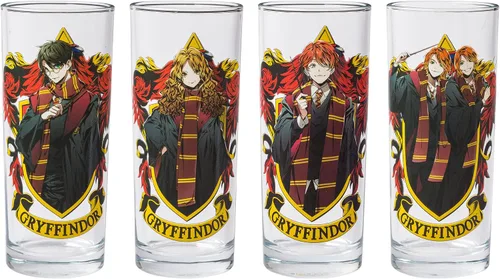 Silver Buffalo Harry Potter Gryffindor Squad con Hermione Granger, Ron Weasley, y Fred y George estilo anime, juego de 4 vasos de vidrio de 10 onzas