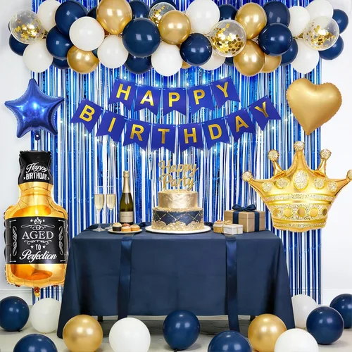 Miniatura 2 de Decoraciones de cumpleaños azul marino para hombres con pancarta de feliz cumpleaños, cortinas, botella, corona, globos de estrella de corazón y luz