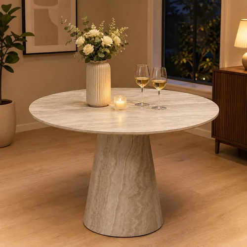 Miniatura 9 de Mesa de comedor redonda de 45 pulgadas, moderna mesa de madera de imitación de mármol, mesa gruesa y espaciosa con base de pedestal, fácil