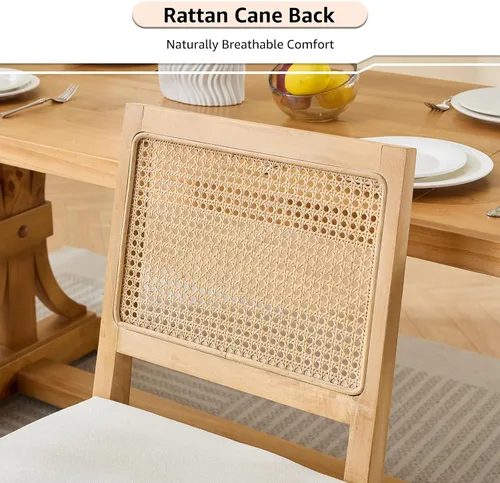 Miniatura 4 de ODUSE-DAILY French Country - Juego de 2 sillas de comedor de ratán beige, sillas de comedor de madera con respaldo de caña y asiento tapizado