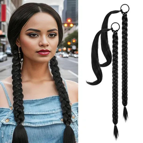 Miniatura 11 de Extensión de cola de caballo de trenza larga con lazo elástico, 1 unidad, extensiones de cabello sintético lacio y elegante envolvente para mujer