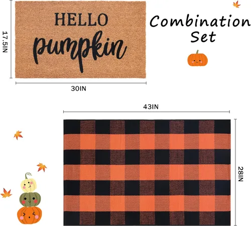 Miniatura 2 de Juego combinado de tapetes de puerta de decoración de otoño, 100% fibra de coco + alfombra a cuadros naranja y negra de 28 x 43 pulgadas, tapete
