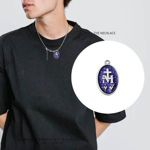 Miniatura 3 de 10 medallas católicas grandes de la Virgen María – Colgante ovalado de esmalte azul de aleación para hacer collares, joyas, ideal para hombres