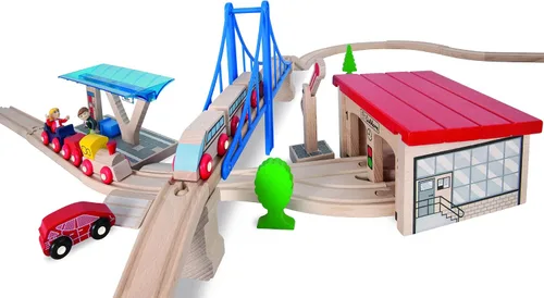 Miniatura 3 de Eichhorn - Juego de tren de madera grande (58 piezas), color marrón