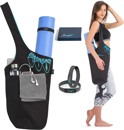 Miniatura 10 de Bolsa para esterilla de yoga: bolsa de yoga versátil con correas para alfombrilla y bolsillos de almacenamiento, sostiene esterillas de yoga y Negro