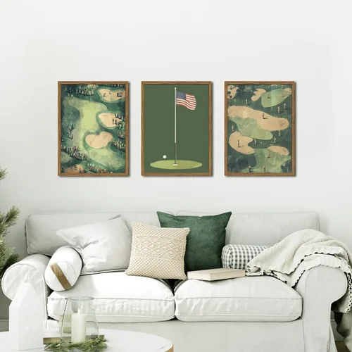 Miniatura 2 de Juego de 3 arte de pared vintage de golf, pinturas deportivas de mediados de siglo, arte de paisaje de campo de golf verde retro, cuadro de arte