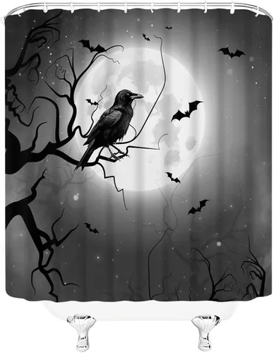 Miniatura 3 de Cortina de ducha de cuervo de Halloween, diseño gótico de cuervo, murciélagos, luna llena, árbol muerto, horror, día de los muertos, espeluznante