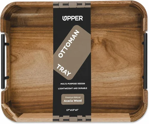 Upper Bandeja otomana de madera de acacia de 17 x 13 pulgadas con asas, bandeja decorativa para mesa de café, bandeja de desayuno con almohadillas