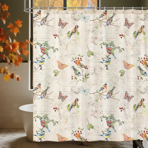 Miniatura 2 de Juego de cortinas de ducha de ramas de pájaro retro, cortinas de ducha de tela de poliéster impermeable con 12 ganchos para decoración del hogar, 72