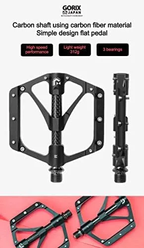 Miniatura 2 de GORIX Pedales planos de bicicleta CNC ancho 3 cojinetes tubo central de fibra de carbono ligero con pin antideslizante Spike Road Mountain MTB