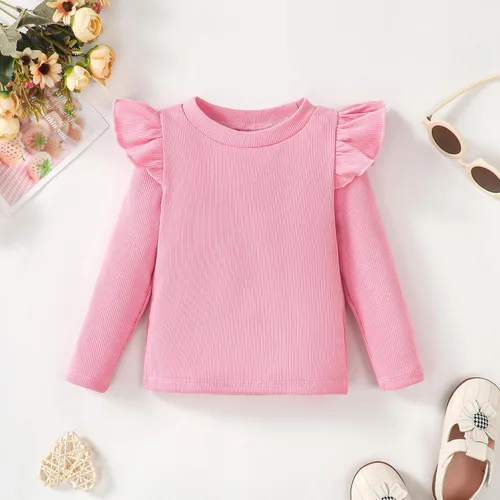 Miniatura 2 de OPAWO Camisetas de manga larga y corta con volantes para niña, blusa acanalada para niña, ropa para bebé, paquete de 2 unidades de 1 a 6 años
