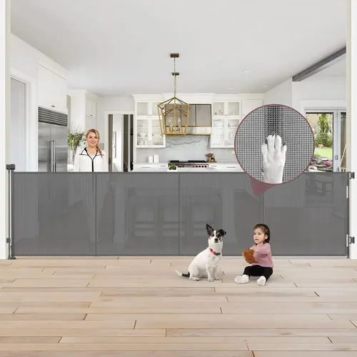 Miniatura 10 de Puertas retráctiles extra altas reforzadas de 41 pulgadas para bebés, puerta retráctil extra ancha de 120 pulgadas con varillas de apoyo, puerta