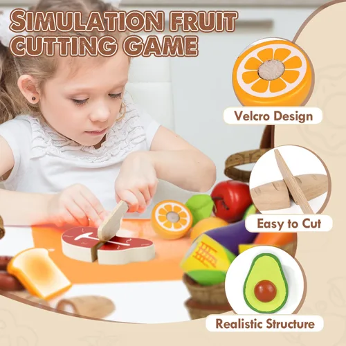 Miniatura 5 de Lehoo Castle - Juego de comida de madera, alimentos de juguete para niños pequeños, accesorios de cocina de simulación, frutas y verduras de corte