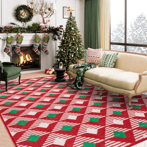 Miniatura 7 de HUGEAR Tapete navideño de 5 x 7 pies, lavable a máquina, de pelo bajo, rojo/verde, alfombra grande geométrica y antideslizante para dormitorio, sala