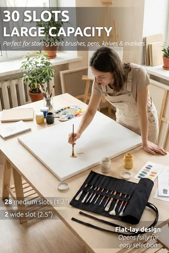 Miniatura 3 de DUGATO Soporte enrollable para pinceles de pintura de 30 ranuras, organizador de pinceles de lona premium para artistas, estuche de viaje lavable