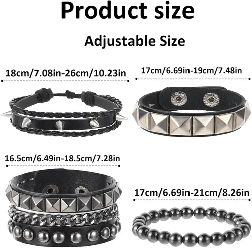 Miniatura 2 de 4 Pulseras de Cuero Tachonadas, Pulsera Punk de Cuero PU con Pinchos para Hombres y Mujeres, Brazalete de Cuero Muñequera de los Años 80 Juego