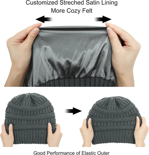 Miniatura 6 de Muryobao Gorro de punto cálido para mujer, de satén con forro de seda de punto, grueso y holgado