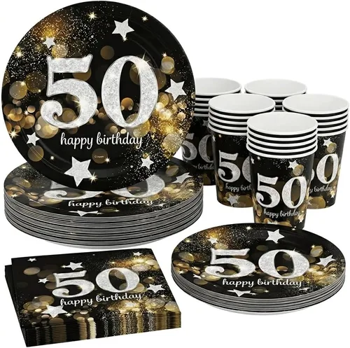 Miniatura 5 de Oojami Juego de suministros para fiesta de cumpleaños número 50, sirve para 30, incluye platos llanos de 9 pulgadas, platos de postre de 7 pulgadas