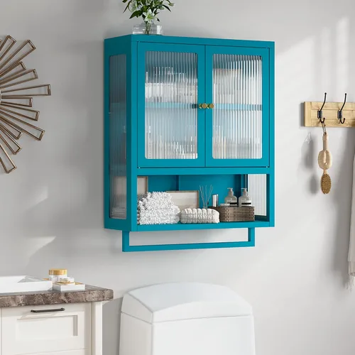 Miniatura 2 de Armario de pared de baño con 2 puertas de vidrio, botiquín de baño con barra de toallas y estantes, gabinete de almacenamiento sobre el inodoro