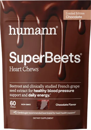 HumanN SuperBeets - Masticables de corazón, soporte de óxido nítrico y presión arterial, extracto de semilla de uva y polvo de raíz de remolacha sin