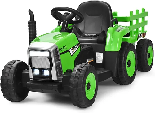Miniatura 15 de Costzon Tractor de paseo con remolque desmontable, vehículos eléctricos para niños con cargador de tierra de cambio de 3 marchas, diseño inalámbrico