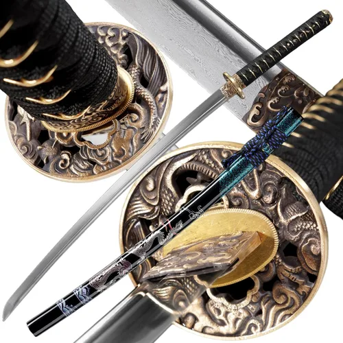 Miniatura 9 de Katana，Hand-Forged Katana Sword，Razor-Sharp 1095 & T10 Damascus Steel Blade, Full-Tang Structure for Martial Arts Practice, Collector's Display