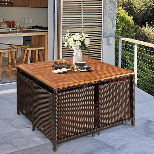 Miniatura 9 de HAPPYGRILL Juego de 9 piezas de comedor para patio al aire libre con asientos acolchados, mesa de comedor que ahorra espacio con mesa de madera