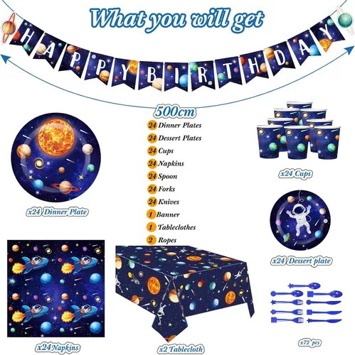 Miniatura 3 de Suministros para fiesta de cumpleaños del espacio exterior, juego de vajilla para fiesta espacial, sirve para 24, pancarta de feliz cumpleaños