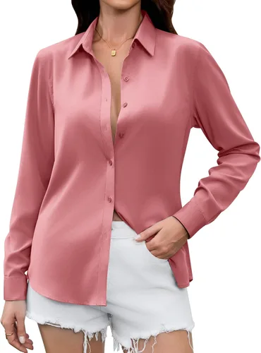 Miniatura 15 de Camisas Premium de Seda Satinada Suave y Transpirable con Botones para Mujer, Blusas de Manga Larga, Tops de Trabajo Casuales