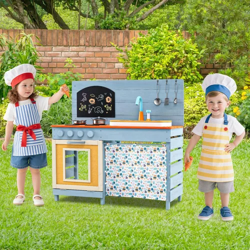 Miniatura 8 de Costzon Cocina de barro, juego de juguetes de madera con estufas, fregadero, grifo, parrilla, pizarra, perillas giratorias, macetas, estantes