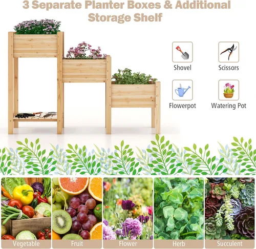 Miniatura 6 de Giantex Juego de 3 camas de jardín elevadas, jardinera de madera con estante de almacenamiento, camas elevadas para frutas, verduras, flores, Natural