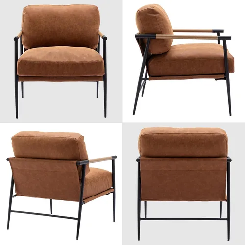 Miniatura 9 de DUOMAY Silla moderna de mediados de siglo, sillón de piel sintética marrón, silla de dormitorio con patas de metal para sala de estar, lectura