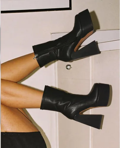 Miniatura 4 de Uacllcau Botas de plataforma para mujer, botas de media pantorrilla, punta cuadrada, botas de tacón alto grueso con cremallera lateral