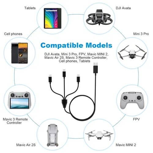 Miniatura 3 de Cable de carga USB C a USB C 3 en 1, cable USB C compatible con DJI Mini 3 Pro, Mavic 3, Air 2S, Avata Drone DJI FPV, controlador remoto, Negro