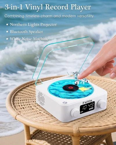 Miniatura 8 de Waves Altavoz Bluetooth de Vinilo, Estilo Reproductor de Discos de Vinilo con Ruido Blanco de Sonido Oceánico, Altavoces Bluetooth Retro con Luz