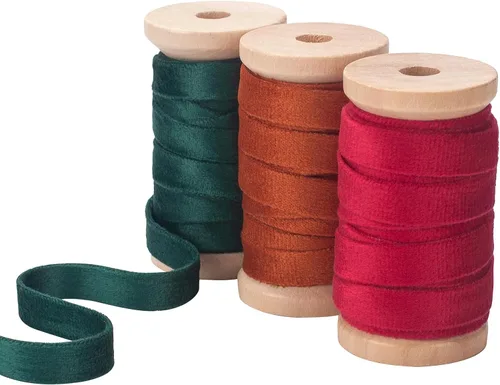 Miniatura 9 de Coowayze Cinta de terciopelo marrón de doble cara para árbol de Navidad, envoltura de regalo de 3/8 pulgadas x 15 yardas en 3 bobinas de madera